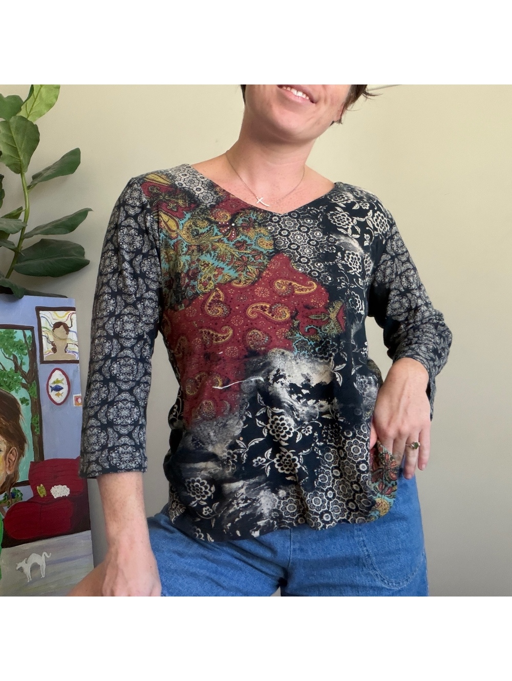 Vintage 90s boho shirt Printed 3/4 sleeve knit top